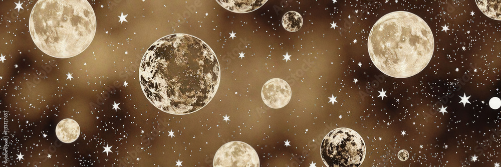 Poster a brown and white image of a galaxy with many stars and many small circles. the circles are of diffe