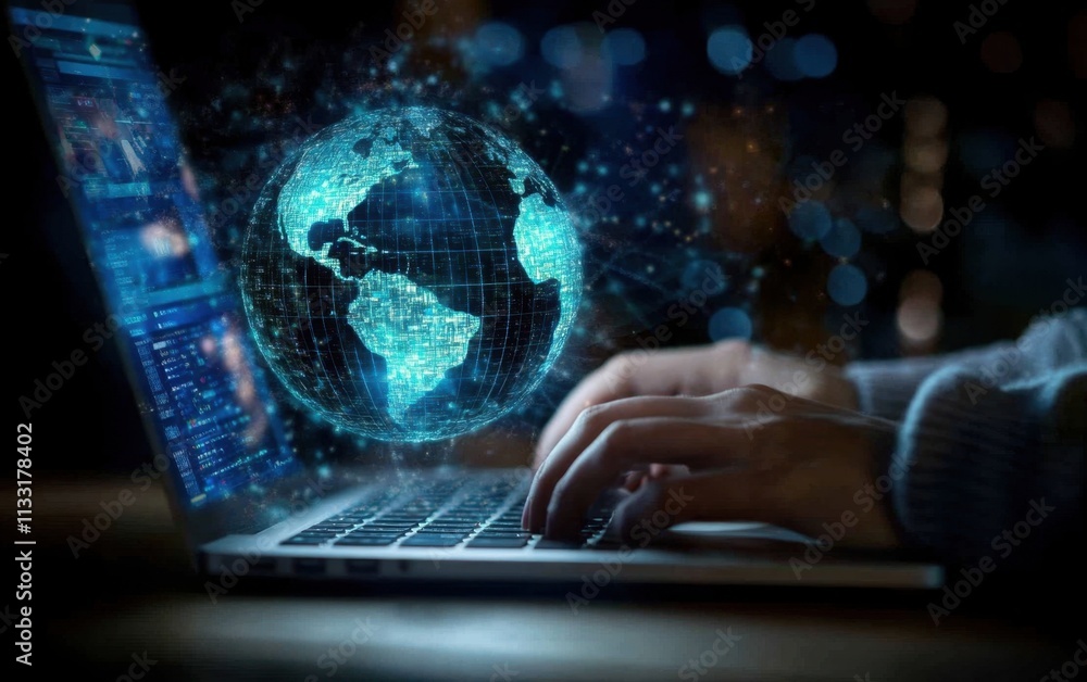 Poster person typing on their laptop with digital globe map and global network connection technology in bac