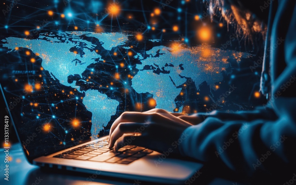 Poster a person working on their laptop with a world map and digital connections overlaying it, representin