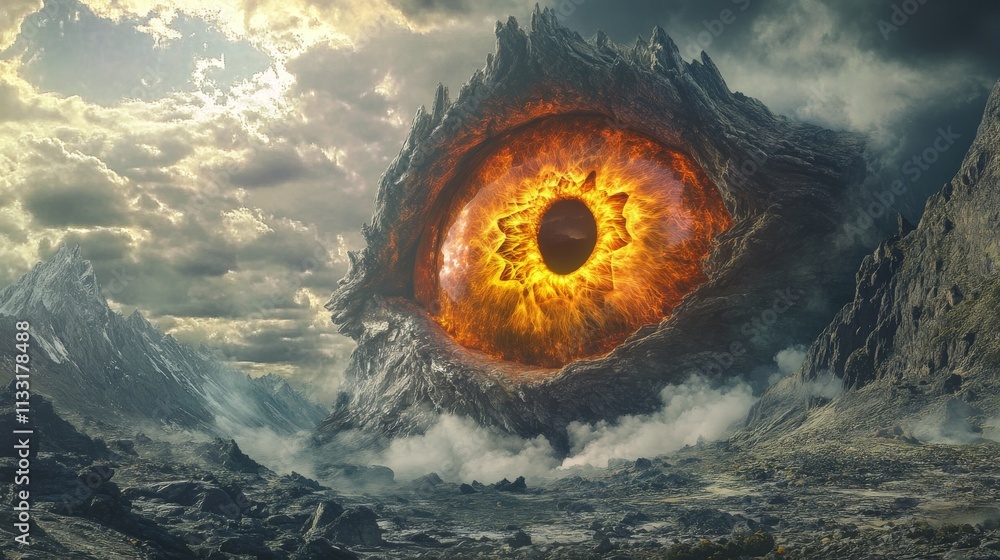 Poster a stunning artwork showing a glowing, fiery eye set within a rugged mountain range and illuminated b