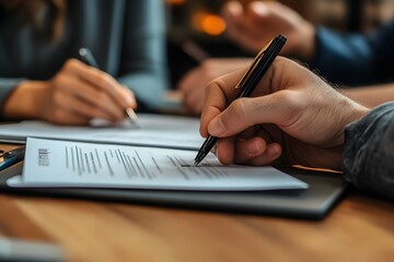 Business partners in an office signing documents for life insurance, ensuring the protection of their company