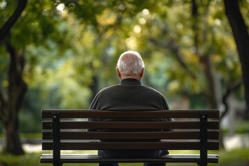 Fototapeta premium A serene scene of an elderly man sitting alone on a bench. Surrounded by nature, he reflects on life in peace. The setting offers tranquility and contemplation. Generative AI