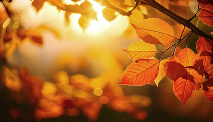 Autumn background with glowing sun, leaves on a branch, and warm colors.