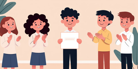 Fototapeta premium teacher awarding student with certificate, surrounded by classmates celebrating. atmosphere is joyful and encouraging, highlighting academic achievement