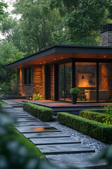 Photographie immobili&egrave;re d'un jardin minimaliste contemporain avec chemin en pierre et haies soigneusement taill&eacute;es