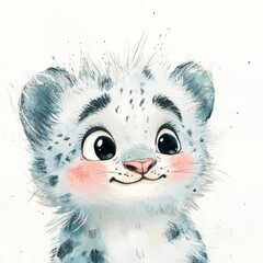 Obraz premium A cute, illustrated snow leopard cub with large expressive eyes and a charming smile, This playful design can be used for children's books, educational materials, or decorative items,