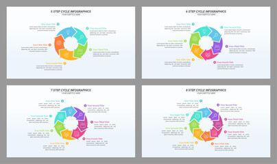 Fototapeta premium Set of Cycle Infographic from 5 up to 8 Steps with Editable Text on a 16:9 Layout for Business Presentation, Poster, Banner and Booklet.