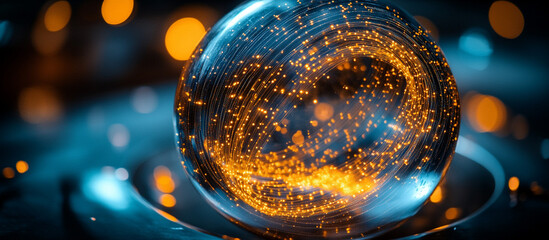 Close-up of a glass sphere with intricate LED light trails dancing inside, creating a hypnotic effect. HD quality, emphasizing the details of the light show