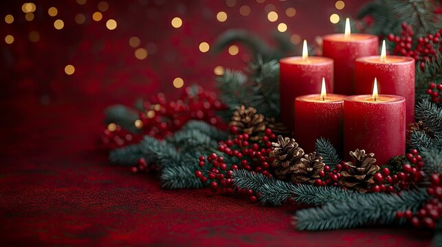 Dark christmas candles in burgundy red setting