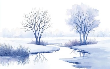 Fototapeta premium serene winter landscape with trees and calm river reflecting snow