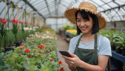 Asian woman in plaid shirt, reading phone, greenhouse, rows of plants, holding device, focused, serene