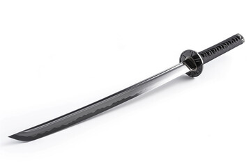 A modern katana with a perfectly honed edge, positioned diagonally on a white background.