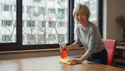 A smiling Asian woman with shoulder length hair, wearing a navy sweater, cleans a wooden table with a spray bottle