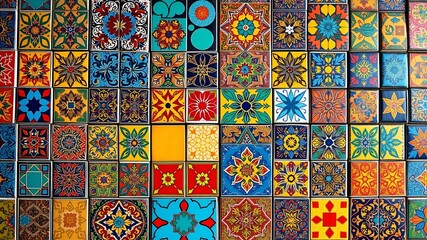 Colorful mosaic tiles display intricate patterns in a vibrant and artistic arrangement at a market stall