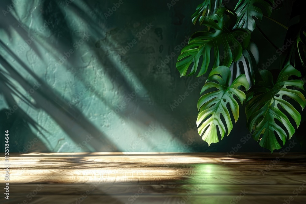 Poster sharp picture of empty table with monstera leaf shadow for product presentation
