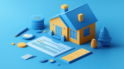 A 3D illustration of a house, a contract, and other items related to real estate on a blue background.