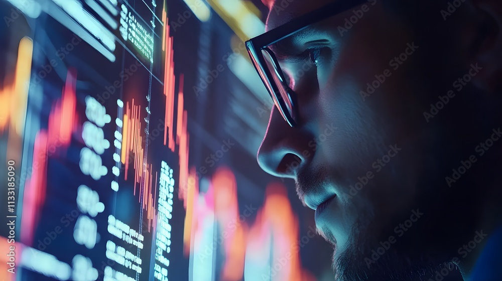Poster man reviews data graphs on bright screen