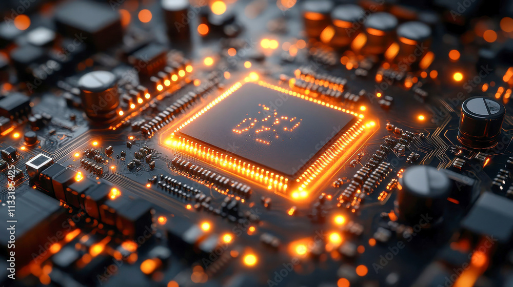 Poster macro view of a glowing microchip on a circuit board, emphasizing cutting-edge technology and innova