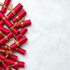 A collection of vibrant red scrolls with golden ribbons, artistically arranged on a light marble surface, perfect for festive occasions and celebrations.