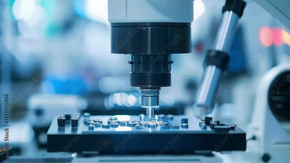 Poster robotic arm placing electronic components on a circuit board in a factory. the arm is moving with pr