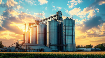 Obraz premium Sunset over Agricultural Silos, Grain Storage Facility at Golden Hour, Rural Landscape with Cornfield