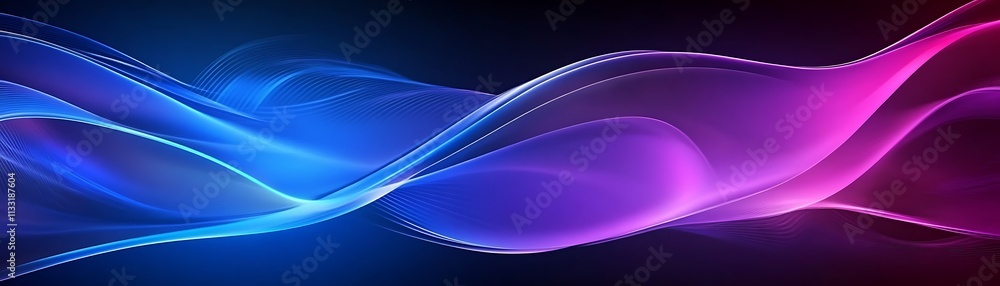 Poster abstract, elegant blue and purple waves on dark background with empty space for text. modern technol