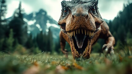 The fearsome Tyrannosaurus Rex roars mightily in a vibrant prehistoric forest, showcasing the...