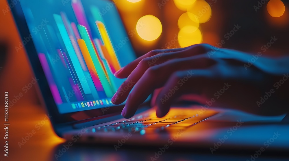 Poster hands using laptop analyzing colorful data graphs