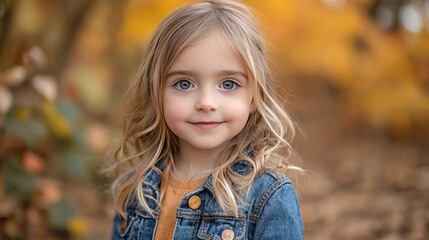 Fototapeta premium Young girl with curly hair and blue eyes wearing a denim jacket in an autumn forest setting surrounded by colorful fall leaves and natural scenery