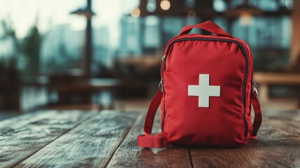 A sturdy red emergency kit with a white cross is placed prominently on a table, implying readiness and focus in a setting ready for immediate action.