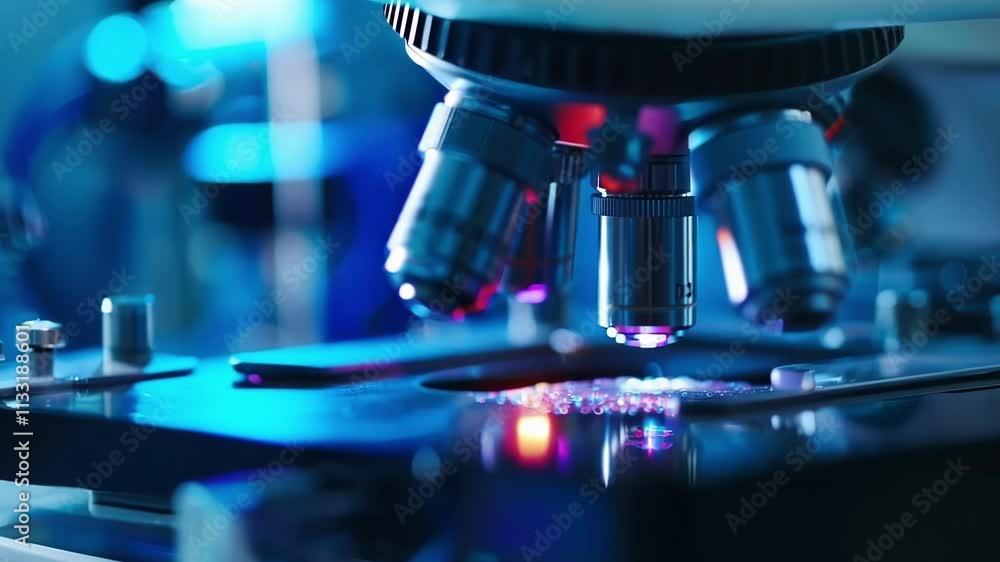 Poster microscope focuses on a sample in a laboratory illuminated by blue light. a scientist conducts innov