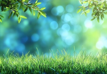 Obraz premium Fresh Green Grass Bed Under Bright Soft Blue Bokeh Background with Sunlight Filtering Through Lush Leaves Creating a Serene Nature Scene for Relaxation and Calmness