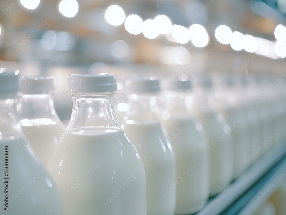 Poster fresh milk bottles on production line in modern dairy plant with soft lighting creating a calming at