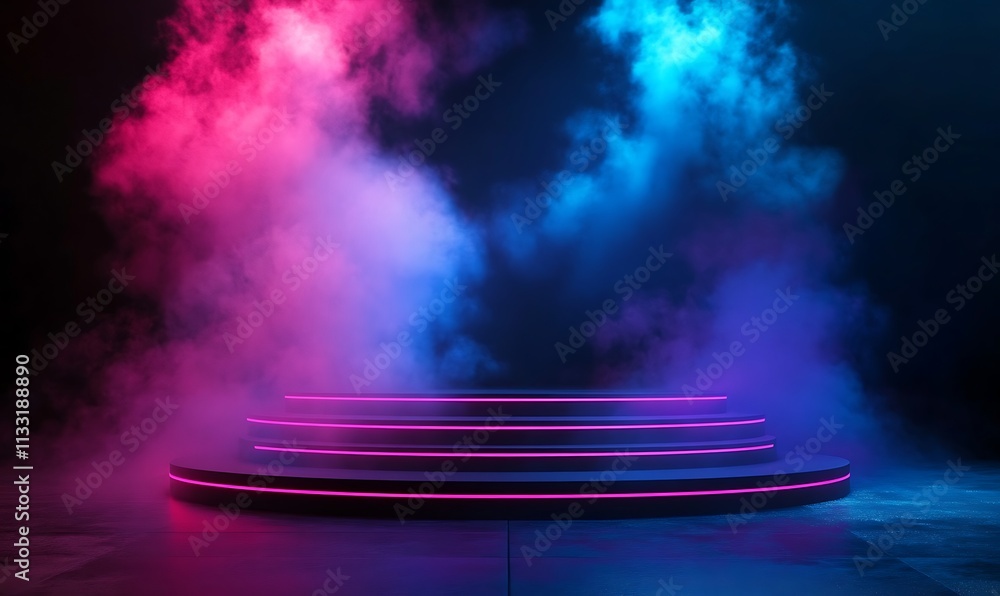 Poster neon empty stage with neon smoke in back with spot light ai generated image, generative ai