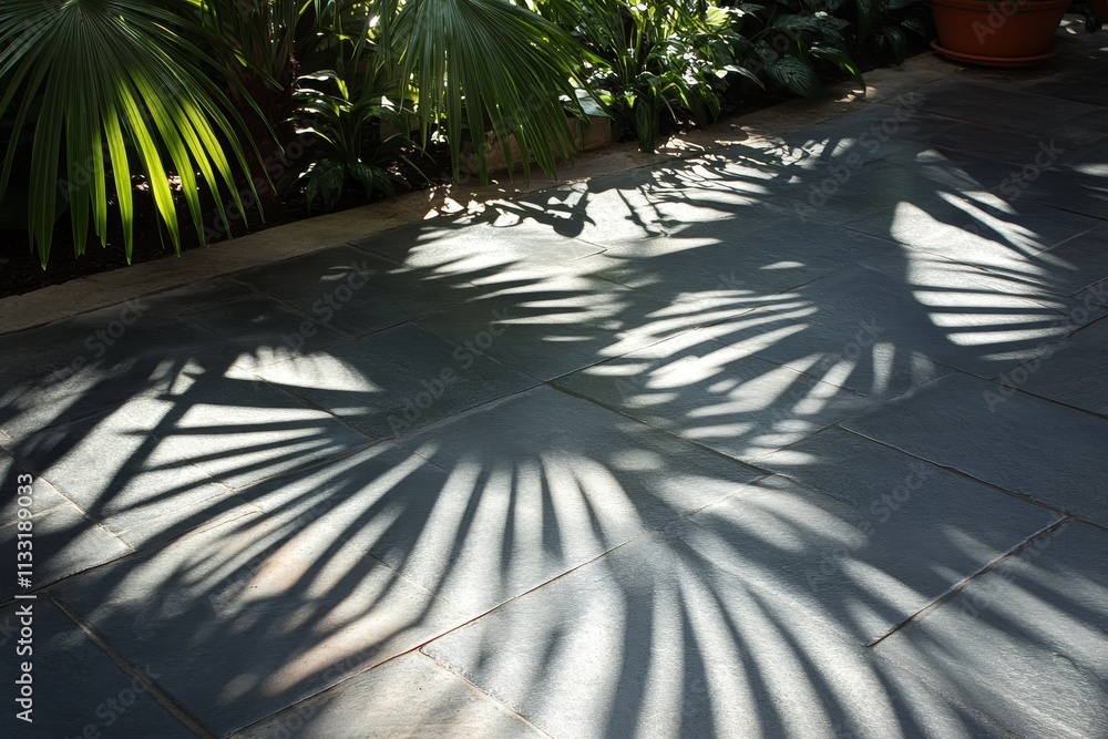 Poster shadow patterns created by palm leaves on a stone floor in a bright garden setting