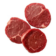 Three Raw Beef Steaks, Ready for Grilling or Pan Searing, Isolated on White Background Cutout