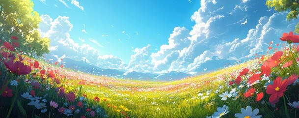 Lush Meadow Under Bright Blue Sky with Fluffy Clouds and Vibrant Wildflowers in Full Bloom on a Sunny Day with Majestic Mountains in the Background