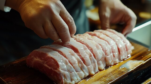 A chef skillfully preparing slices of fresh meat.