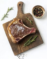 Grilled Steak on Wooden Board with Salt and Pepper, Isolated on White Background, Top View for mockup