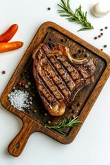 Grilled Steak on Wooden Board with Salt and Pepper, Isolated on White Background, Top View for mockup