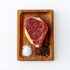 Grilled Steak on Wooden Board with Salt and Pepper, Isolated on White Background, Top View for mockup