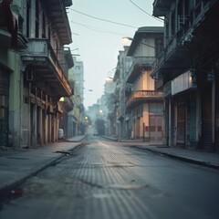 Obraz premium An empty, narrow street stretches into the distance, framed by tall, weathered buildings on a misty morning, filled with a haunting, serene urban stillness.