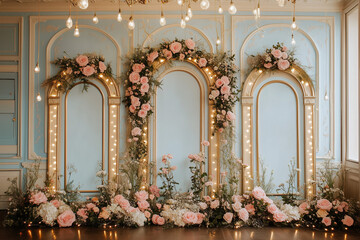 Vintage Arched Backdrop with Fairy Light Garland, Roses, and Elegant Floral Decor for Whimsical Photography and Event Scenes

