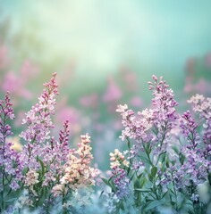 Naklejka premium Soft Focus Wildflower Meadow with Gentle Pastels, Capturing the Essence of Spring Blooms Surrounded by Lush Greenery and a Dreamy Backdrop of Blurred Colors