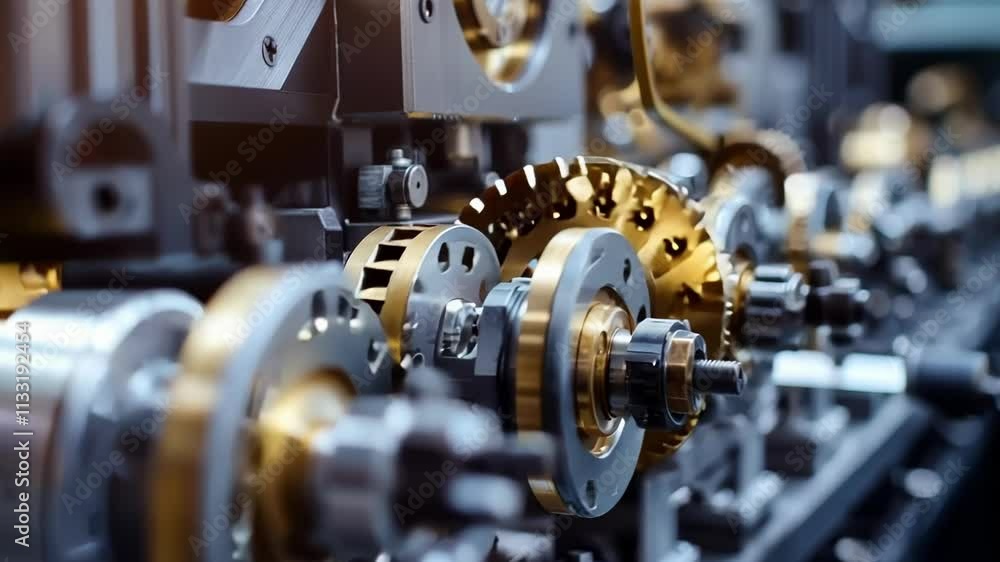 Poster close up of metallic gears rotating in a synchronized mechanism. the golden color of the gears stand
