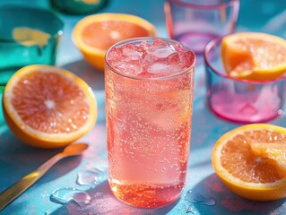 A minimalist retro can of pink grapefruit soda sits on a terrazzo tabletop, accompanied by vibrant glasses and a charming vintage spoon, evoking a nostalgic vibe