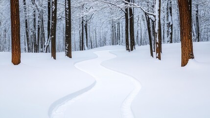 Obraz premium Mindful living serenity positivity concept. Winter landscape with snow-covered trees and a winding path.