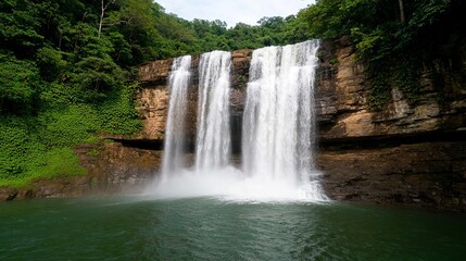 Obraz premium Mindful living serenity positivity concept. Lush waterfall cascading into a serene pool surrounded by greenery.
