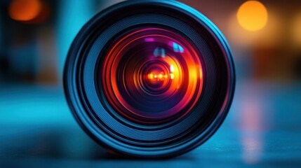 Close-up of a camera lens with vibrant colors reflecting light.