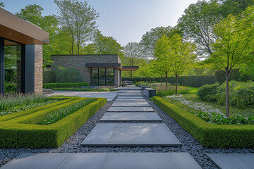 Fototapeta premium Photographie immobilière d'un jardin minimaliste contemporain avec chemin en pierre et haies soigneusement taillées